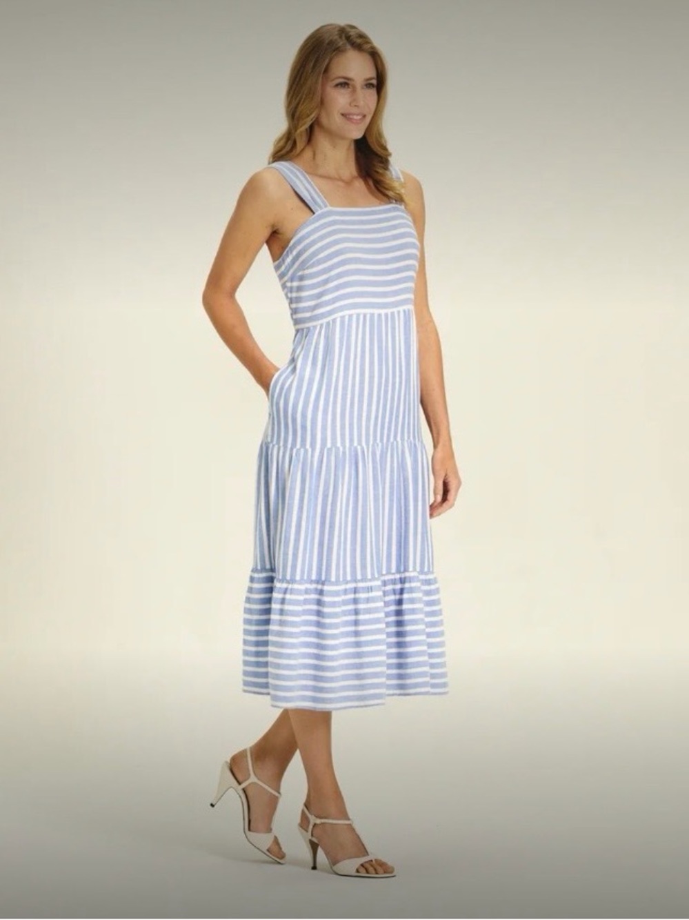 Beachlunchlounge Linen and cotton blue and white striped midi dress, size small